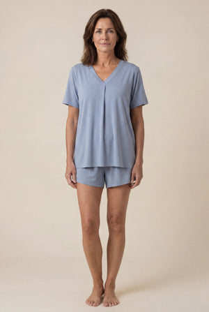 V-Neck Shorts Pajama Set in Dusty Blue