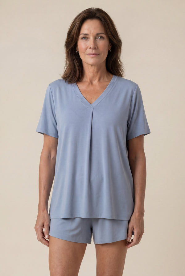 V-Neck Shorts Pajama Set in Dusty Blue