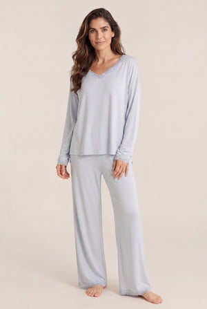 Lace-Trim Long Pajama Set in Powder Blue