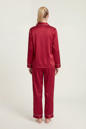 Piped Button-Front PJ Set in Burgundy