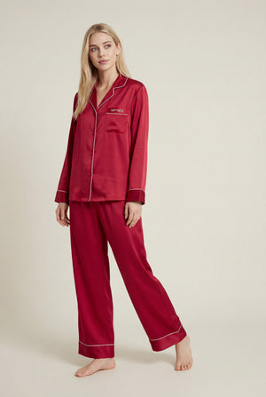 Piped Button-Front PJ Set in Burgundy