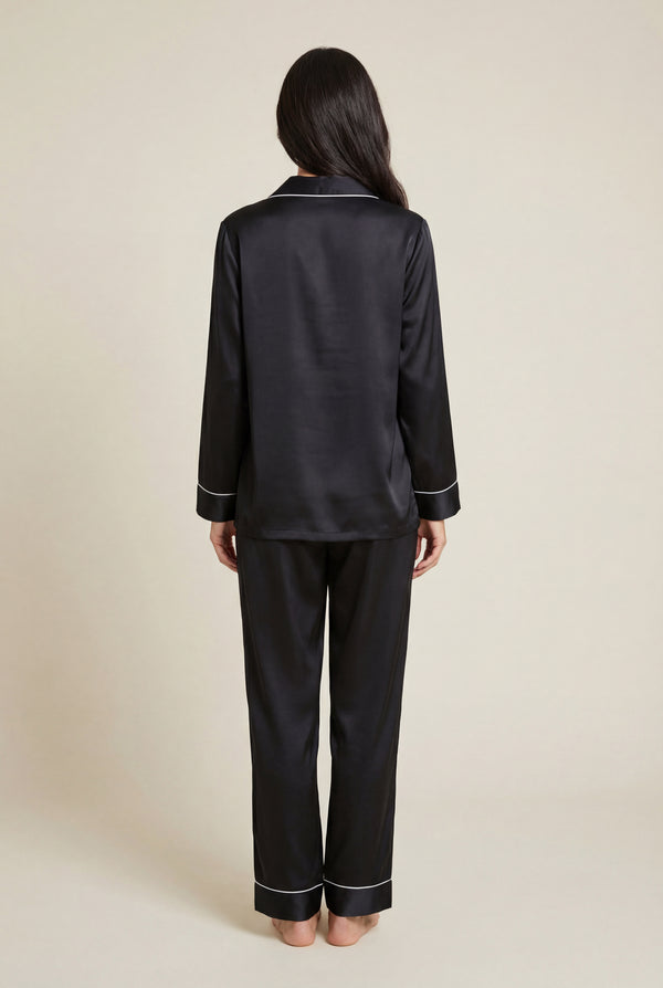 Classic Notch-Collar Pajama Set in Black