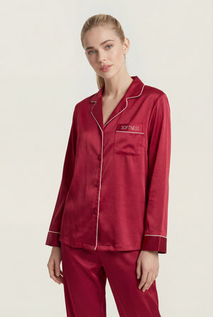 Piped Button-Front PJ Set in Burgundy
