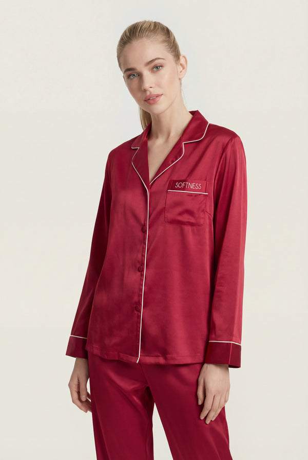 Piped Button-Front PJ Set in Burgundy